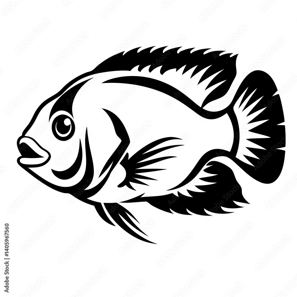 Stylized Black and White Illustration of a Tropical Fish Cichlid Stylized Black and White Illustration of a Tropical Fish Cichlid