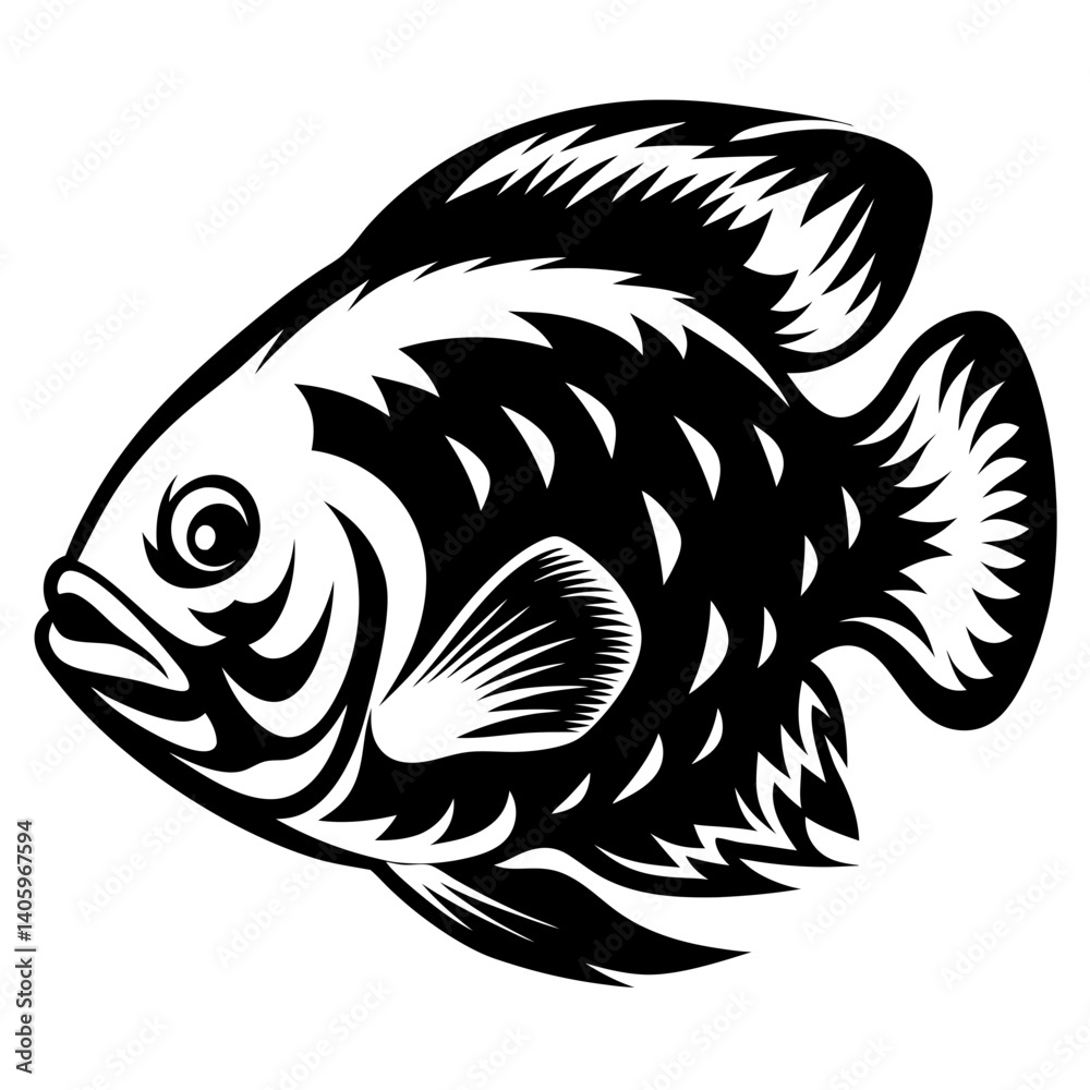A Striking Black and White Illustration of a Fish Featuring Intricate Linework and Bold Design Elements A Striking Black and White Illustration of a Fish Featuring Intricate Linework and Bold Design Elements