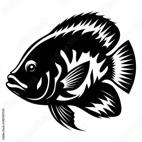 A Striking Black and White Illustration of a Tilapia Fish with Intricate Tribal Design Elements