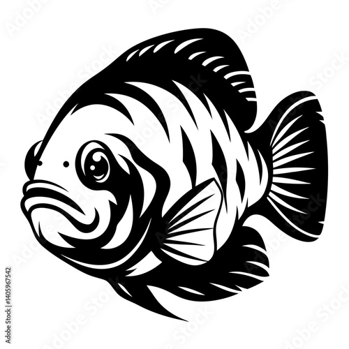 A striking black and white illustration of a fish a detailed drawing of an oscar fish