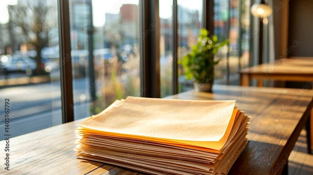 A stack of yellowed papers on a wooden table with sunlight streaming through large windows