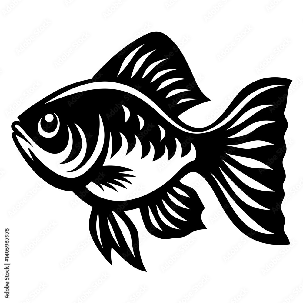 A Striking Black and White Illustration of a Fish with Intricate Fin Details A Striking Black and White Illustration of a Fish with Intricate Fin Details