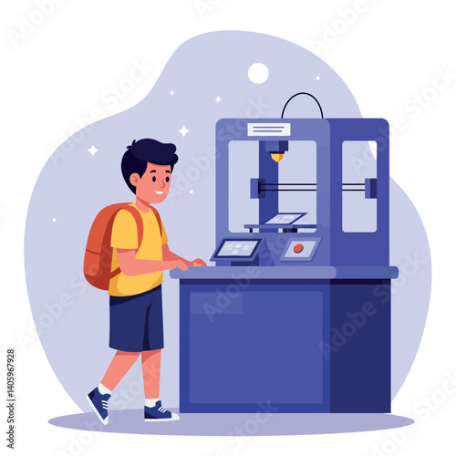 Young boy with backpack interacting with a 3D printer in a creative, flat vector illustration showcasing innovation and excitement in a modern learning environment
