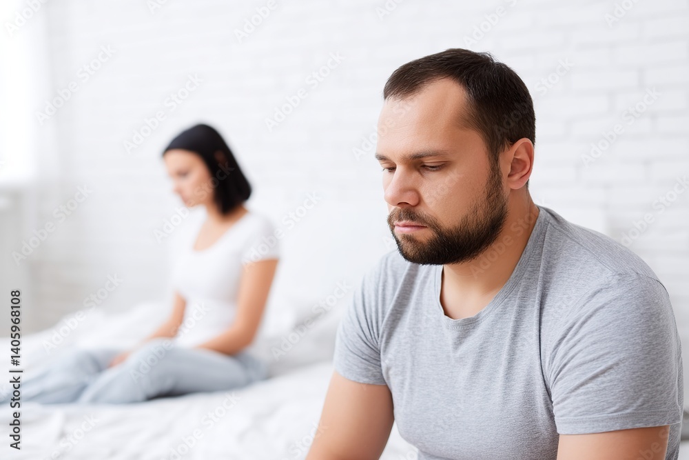 Young man sits on bed with worried expression while a woman sits nearby, potency problems Young man sits on bed with worried expression while a woman sits nearby, potency problems