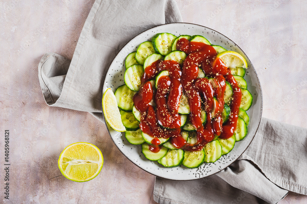 Close up of mexican spicy cucumbers with chili sauce and lime on a plate on the table top view