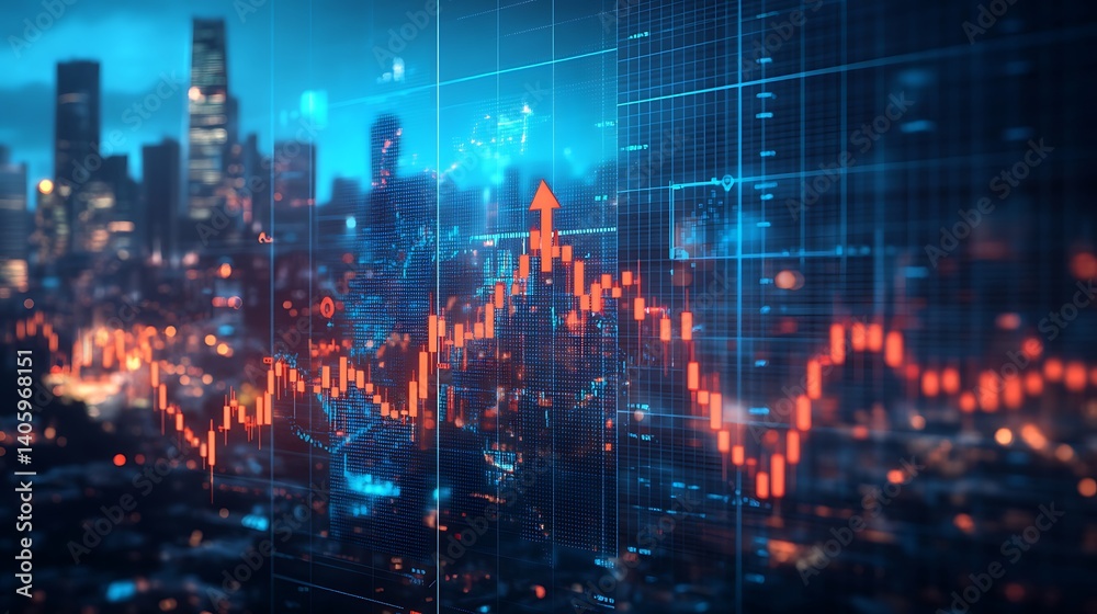 Rising Financial Trend with Cityscape Background, A digital financial chart with a rising trend line and cityscape background, symbolizing economic growth Rising Financial Trend with Cityscape Background, A digital financial chart with a rising trend line and cityscape background, symbolizing economic growth