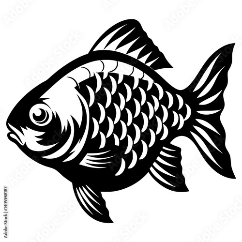 A striking black and white illustration of a fish with detailed scales and fins