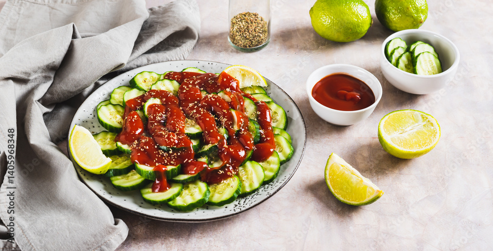 Mexican spicy cucumbers with chili sauce and lime on a plate on the table web banner