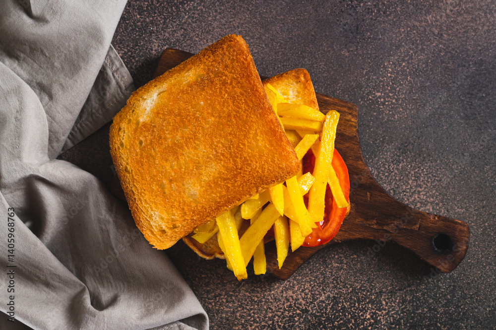 Close up of fried toasts with french fries and tomato on a board on the table top view