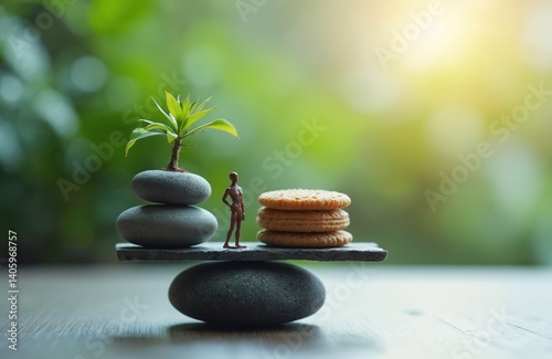 Conceptual photo balance life, well-being. Stone stack represents personal growth, cookies symbolize work. Miniature human figure. Concept of finding equilibrium, harmony between work, leisure.
