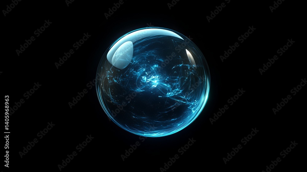 A glowing blue orb with internal energy patterns floating against a black background space aesthetic A glowing blue orb with internal energy patterns floating against a black background space aesthetic