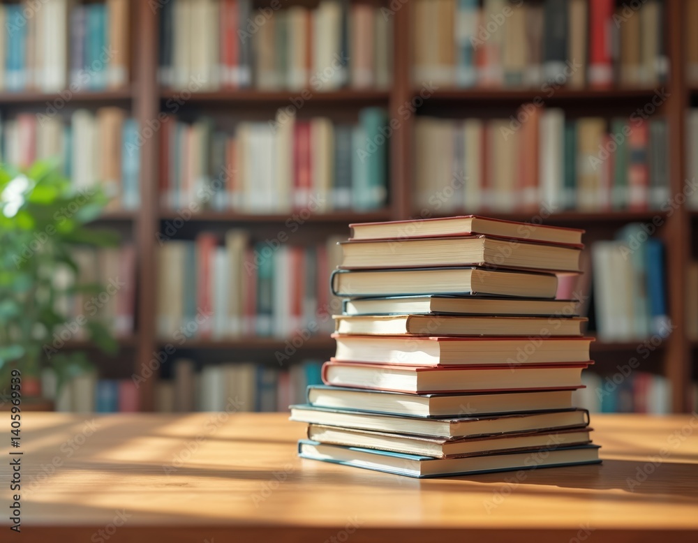Stack books on wooden table with background of blurred library bookshelves. Classic reading, education, research, knowledge, wisdom concept. Sunlight, warm academic library setting. Stack books on wooden table with background of blurred library bookshelves. Classic reading, education, research, knowledge, wisdom concept. Sunlight, warm academic library setting.