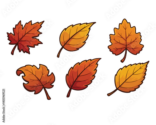 Cartoon autumn leaves collection illustrated on white background representing fall, nature, and seasonal design.