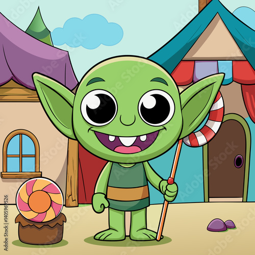 Cute baby goblin with big eyes and slingshot in front of a colorful candy house, perfect for fantasy or kids themes.