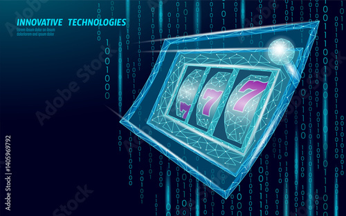 Slot machine with sevens in digital style. Wires create polygon point lines style. Gambling industry and technology concept, casino risk. Blue background, low poly art, isometric perspective