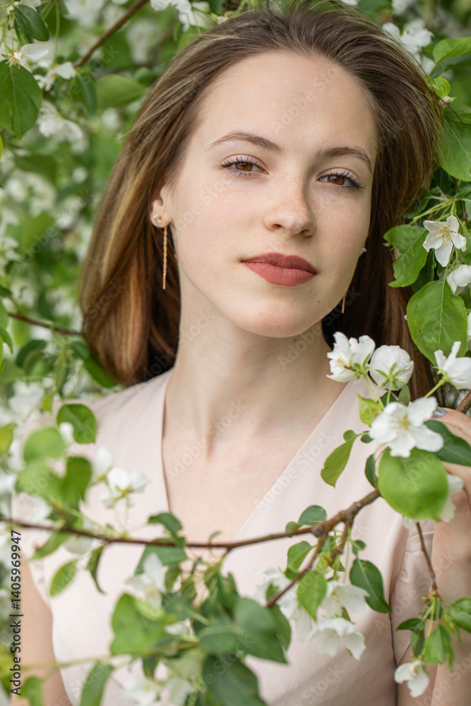 Young beautiful girl posing in a blooming garden Young beautiful girl posing in a blooming garden