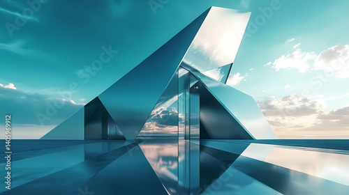 Futuristic detached home with angular steel and glass design. Void-Touched Steel. Illustration