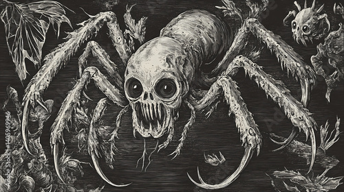 A vector illustration of an eldritch abomination insect exoskeleton texture with disturbing, otherworldly engravings. Eldritch Engraving. Illustration