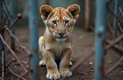 Young lion cub inside zoo cage. Focus on face. Small animal in captivity. Wild cat behind bars. Sad eyes. Focus on animal rights issues related to wildlife and animals in zoos. photo