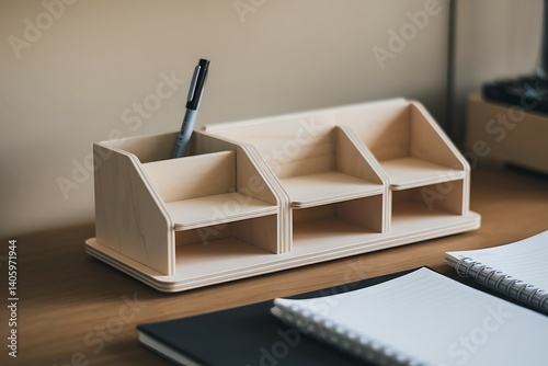 A Multi-Compartment Wooden Desk Organizer for Efficient Workspace Management photo