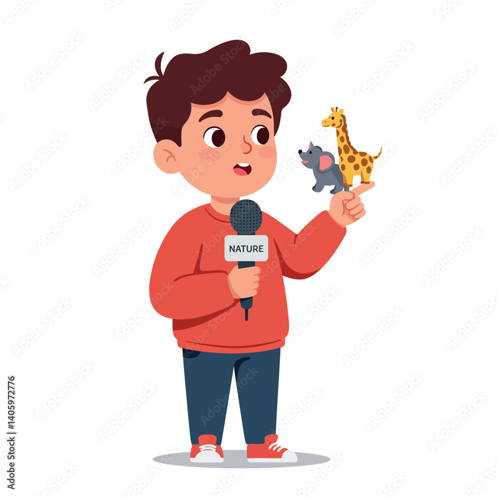 A young boy enthusiastically holding animal toys while speaking into a microphone in a playful, colorful, flat design vector illustration A young boy enthusiastically holding animal toys while speaking into a microphone in a playful, colorful, flat design vector illustration
