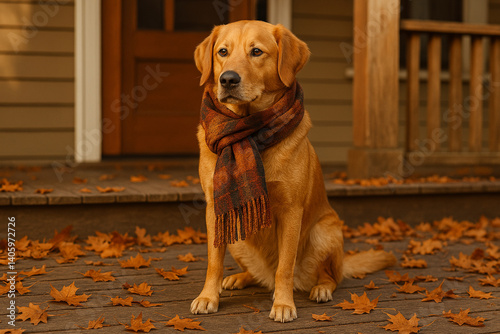 Dog wearing scarf sitting on a porch with leaves around, cozy autumn vibes, 3840x2160 PNG, 100MP, 100MP