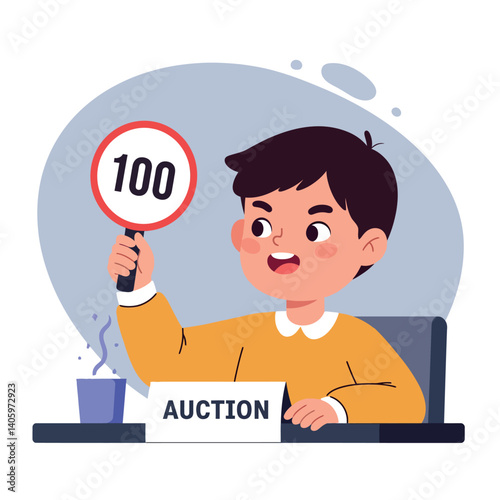 A cheerful boy raising a bid paddle with the number 100 while sitting at an auction table in a flat vector illustration