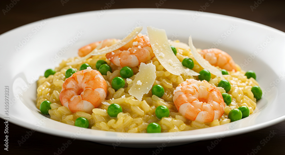 Exquisite shrimp risotto with vibrant peas and delicate parmesan shavings Exquisite shrimp risotto with vibrant peas and delicate parmesan shavings