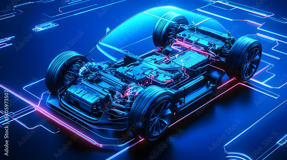 Obraz premium An illustration of an electric car lithium battery pack with power connections, showcasing the core of modern automotive technology in vibrant blue tones