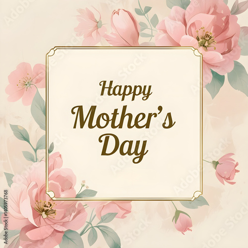 Vintage Floral Mother’s Day Greeting | Square Format | Cream Beige Background | Gold Elegant Text with Pastel Style