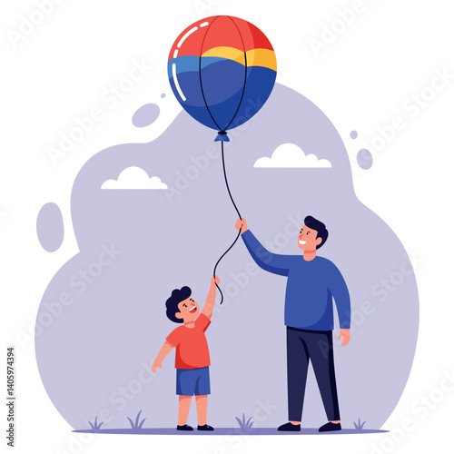 A father holding a colorful balloon while his son joyfully reaches for it in a flat vector illustration depicting a playful outdoor scene