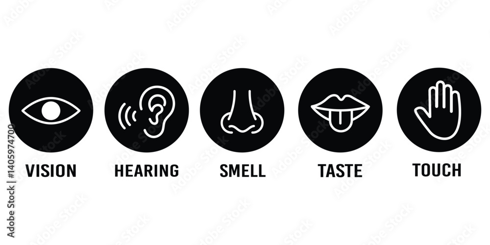 Human senses icon set. Vision eye, smell nose, hearing ear, touch hand, taste mouth with tongue. set of human five senses icon.