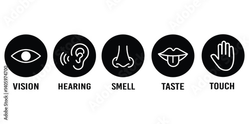 Human senses icon set. Vision eye, smell nose, hearing ear, touch hand, taste mouth with tongue. set of human five senses icon.