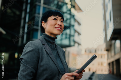 Businesswoman holding tablet and looking up at buildings in the city