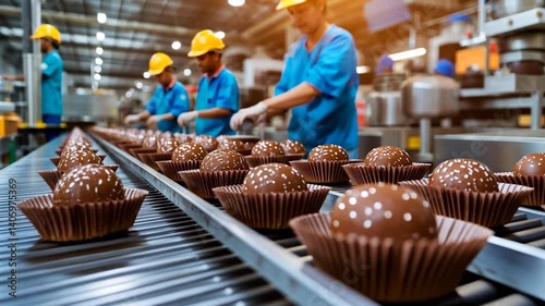 Workers in a chocolate factory assembling confectionery treats on a production line
