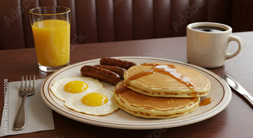 Classic American Diner Breakfast: Pancakes, Eggs, Sausage and Orange Juice