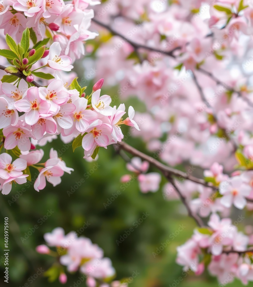 Delicate pink and white crabapple blossoms forming a natural border, bloom, tree Delicate pink and white crabapple blossoms forming a natural border, bloom, tree