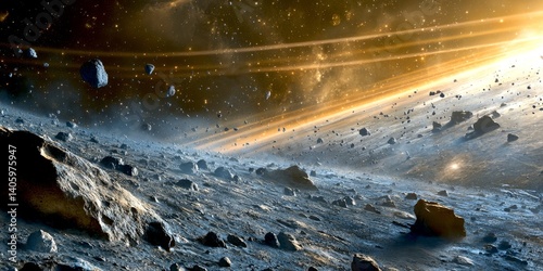 A breathtaking view of a cosmic landscape filled with asteroids and a stunning light glow. This space scene captures the mystery of the universe beautifully