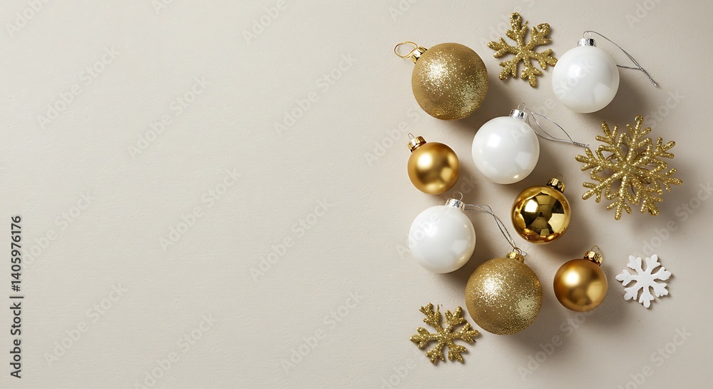 Fototapeta premium Golden Christmas balls, a shiny gold bauble and a festive golden Christmas ball with ribbon are seasonal ornaments for holiday celebration