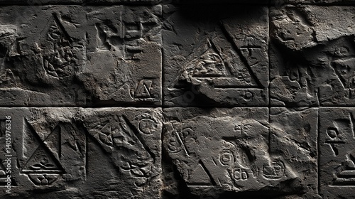 seamless stone texture with deeply carved alchemical symbols and hermetic glyphs

