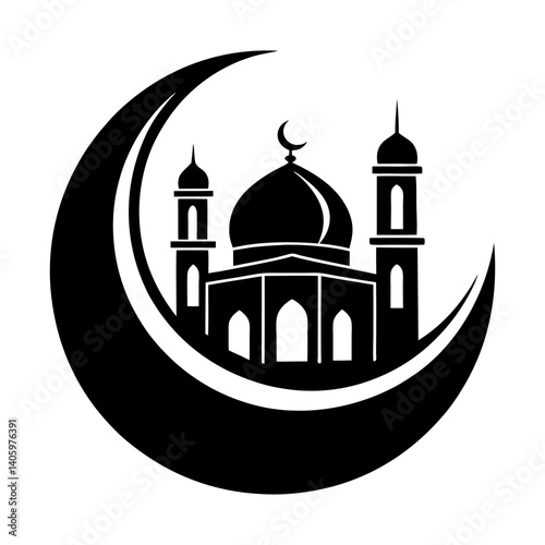 a black and white vector logo for Ramadan featuring a large crescent moon as the main design element 
