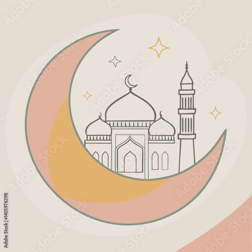 a black and white vector logo for Ramadan featuring a large crescent moon as the main design element 