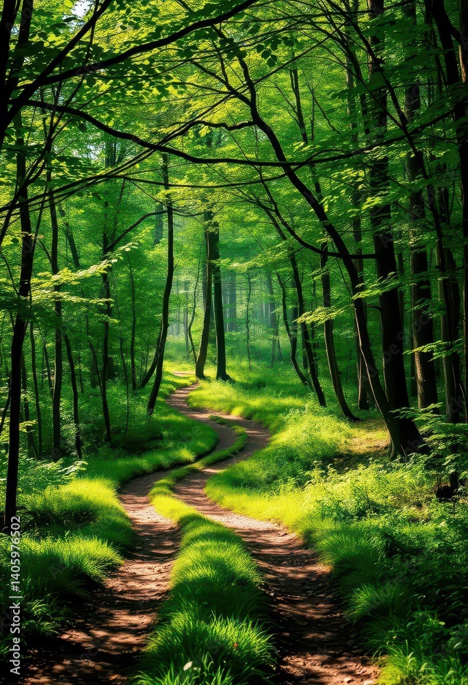 Fototapeta premium Misty forest path winds through dense, lush foliage, sunlight dappling the ground, journey, fern, wilderness