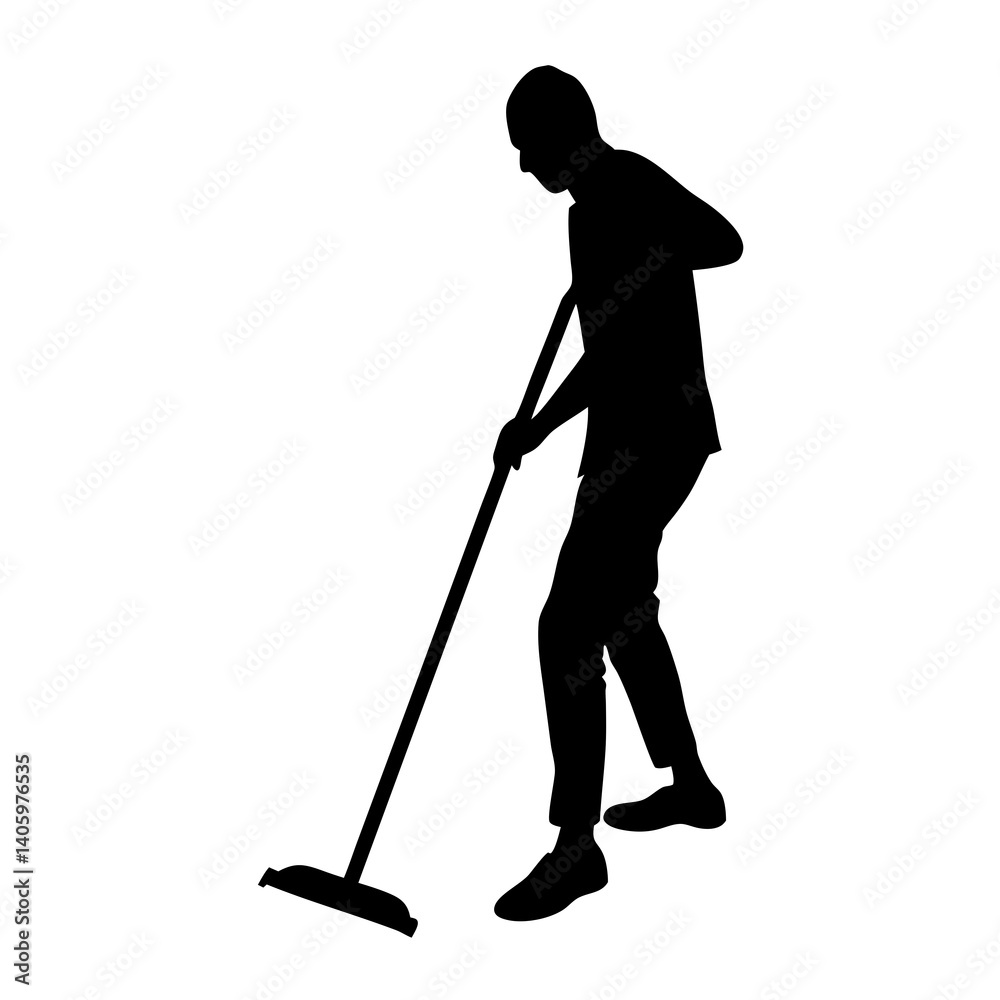 A black silhouette of a person mopping the floor, with one hand holding the mop handle and the other hand guiding it on the floor. A black silhouette of a person mopping the floor, with one hand holding the mop handle and the other hand guiding it on the floor.