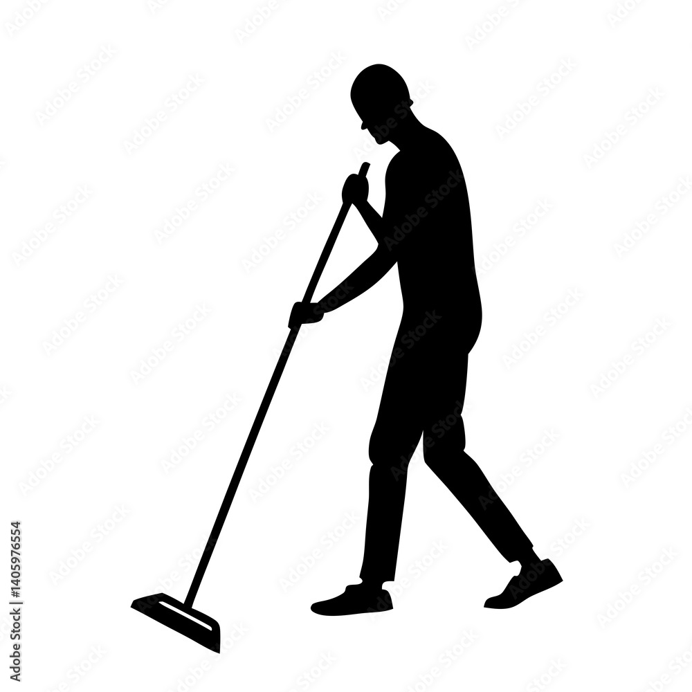 A black silhouette of a person mopping the floor, with one hand holding the mop handle and the other hand guiding it on the floor. A black silhouette of a person mopping the floor, with one hand holding the mop handle and the other hand guiding it on the floor.