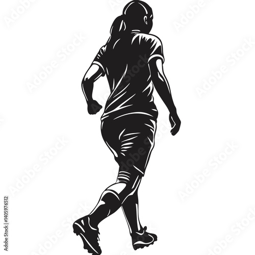 Back view female footballer silhouette, in walking motion vector illustration