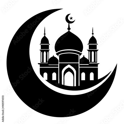 a black and white vector logo for Ramadan featuring a large crescent moon as the main design element 