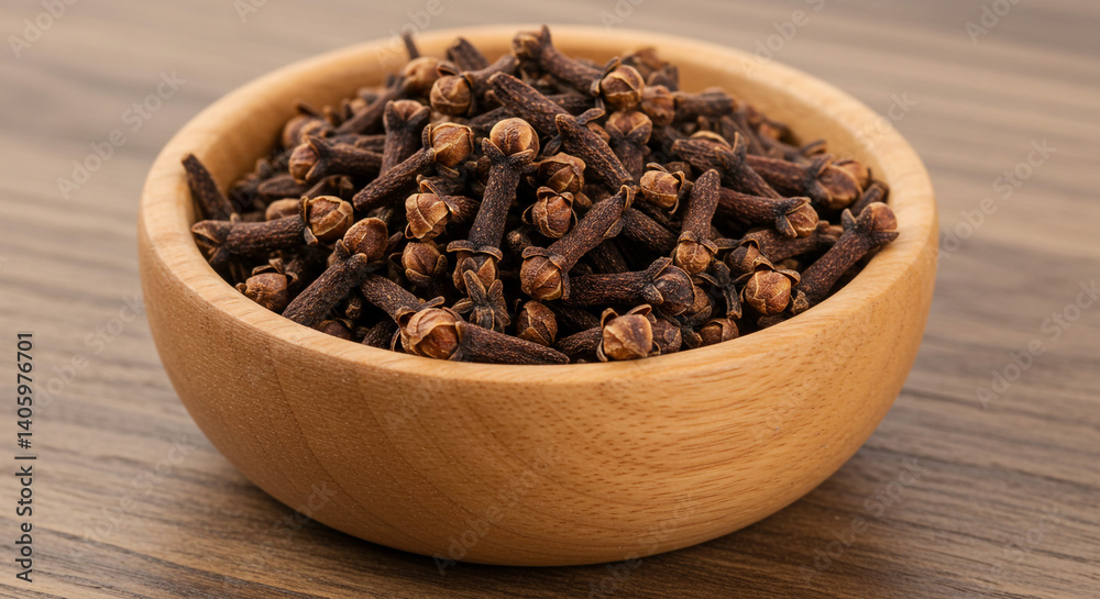 Aromatic Cloves in Wooden Bowl Spicy Brown Natural Light Aromatic Cloves in Wooden Bowl Spicy Brown Natural Light