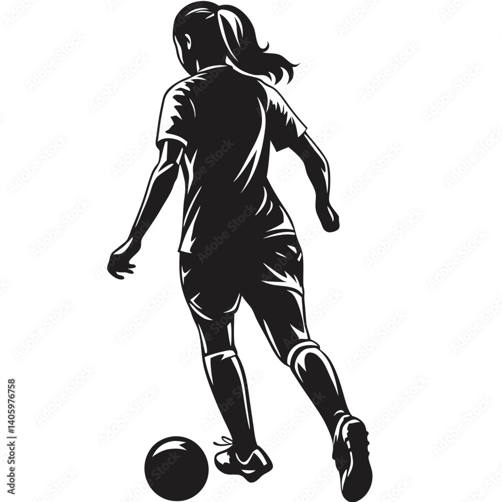Fototapeta premium Back view female footballer silhouette, in walking motion vector illustration