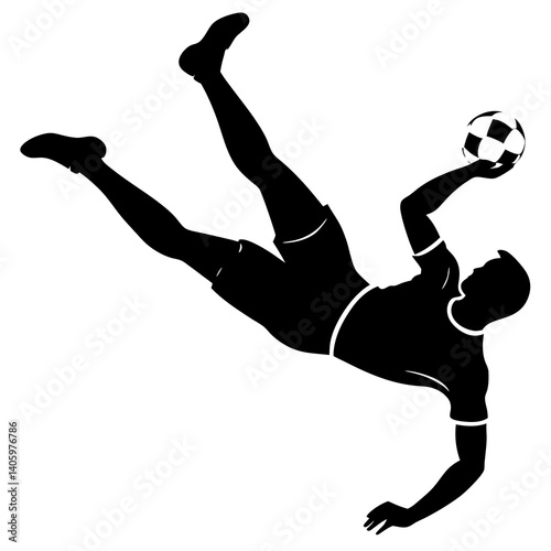A football player is executing a bicycle kick with a dynamic and acrobatic posture 
